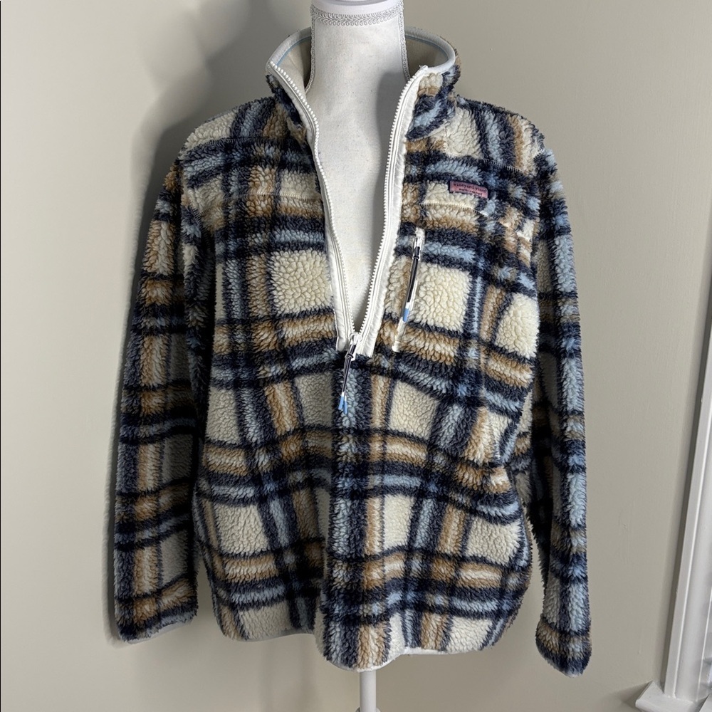 Vineyard Vines Blue & Cream Plaid Supershep Sherpa Fleece Quarter Zip. Large. - Picture 3 of 9